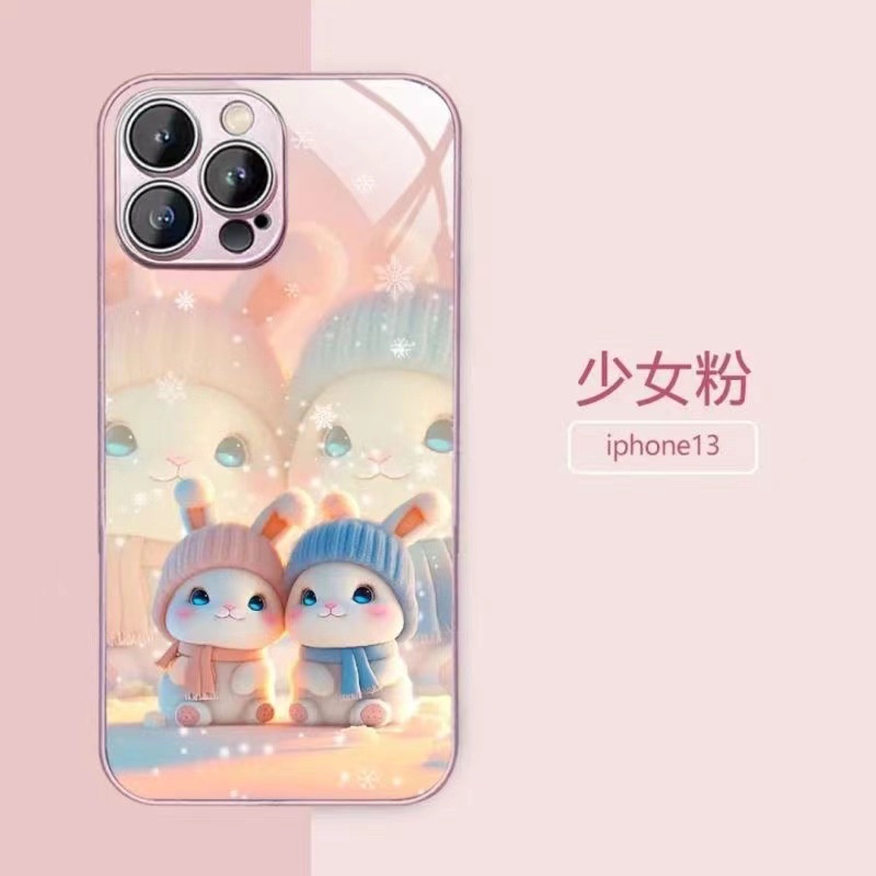 Ốp Điện Thoại Mặt Kính In Hình Thỏ Và Hoa Tuyết Cho Iphone 14 13promax 12 11pro 7 8 Plus Xsmax
