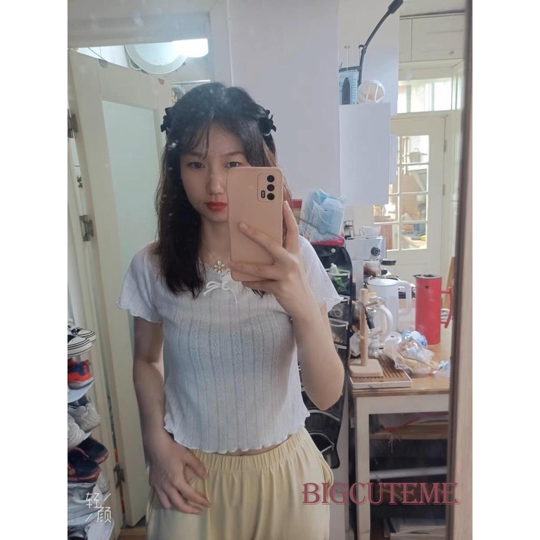 Áo Thun Crop Top Tay Ngắn Phối Ren Dễ Thương Thời Trang Mùa Hè Cho Nữ