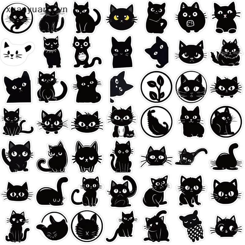 Set 50 Miếng Dán Hình Mèo Đen Xinh Xắn Trang Trí Laptop / Vali / Xe Đạp