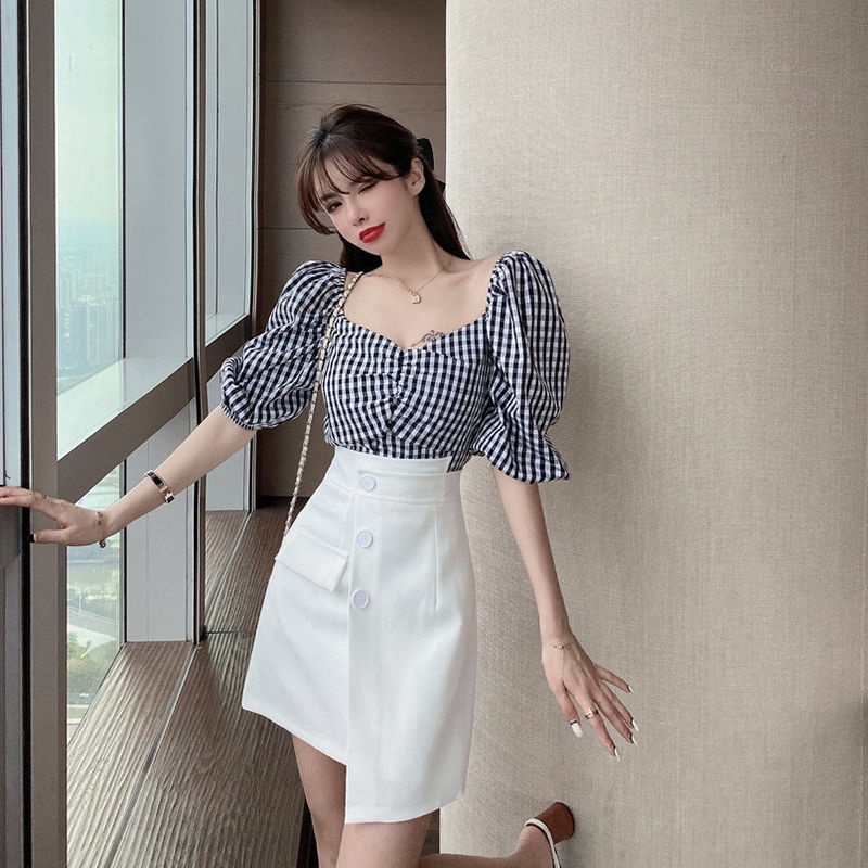 Bộ Áo Tay Phồng Trễ Vai + Chân Váy Ngắn Lệch Tà Thời Trang Mùa Hè 2023 Phong Cách Mới Cho Nữ