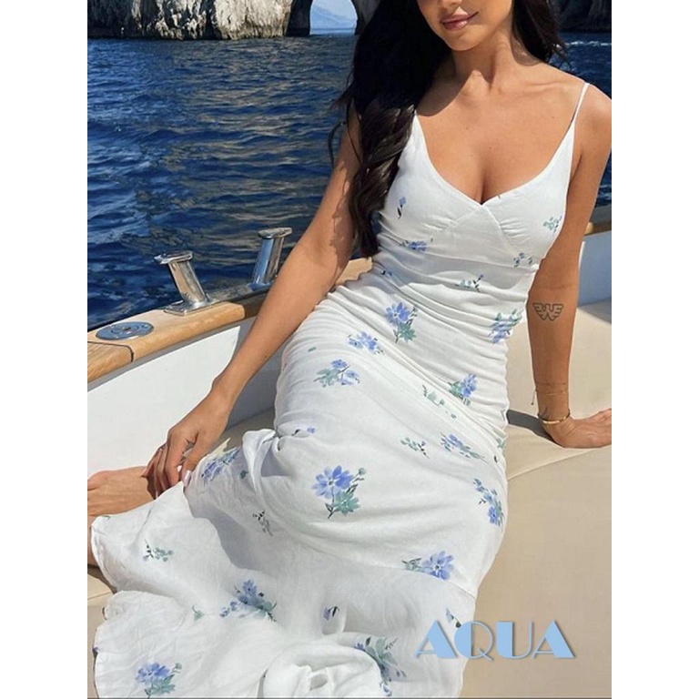 Đầm Dài Không Tay Cổ Chữ V Họa Tiết Hoa Hở Lưng Thời Trang Mùa Hè Cho Nữ