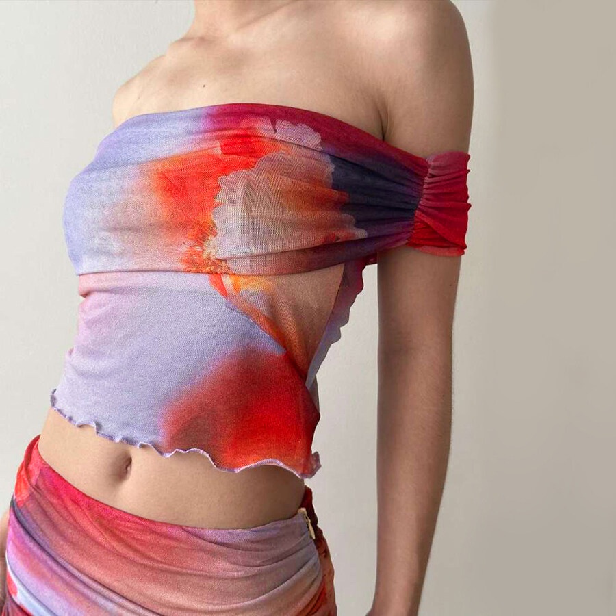 Weird Puss Set Áo Croptop Trễ Vai Họa Tiết Hoa Và Chân Váy Lưng Thun Thời Trang Mùa Hè Xinh Xắn Cho Nữ