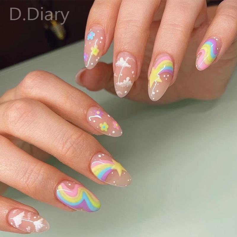 Bộ 24 Móng Tay Giả Hình Giọt Nước Nhiều Màu Sắc Kèm Keo Dán Và Dụng Cụ Đeo