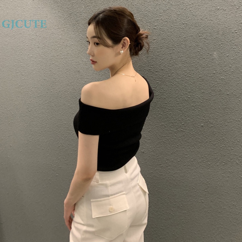 Áo Thun Dệt Kim Tay Ngắn Trễ Vai Dáng Ôm Họa Tiết Kẻ Sọc Thời Trang Mùa Hè Quyến Rũ Cho Nữ