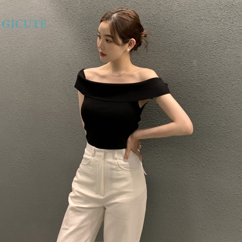 Áo Thun Dệt Kim Tay Ngắn Trễ Vai Dáng Ôm Họa Tiết Kẻ Sọc Thời Trang Mùa Hè Quyến Rũ Cho Nữ