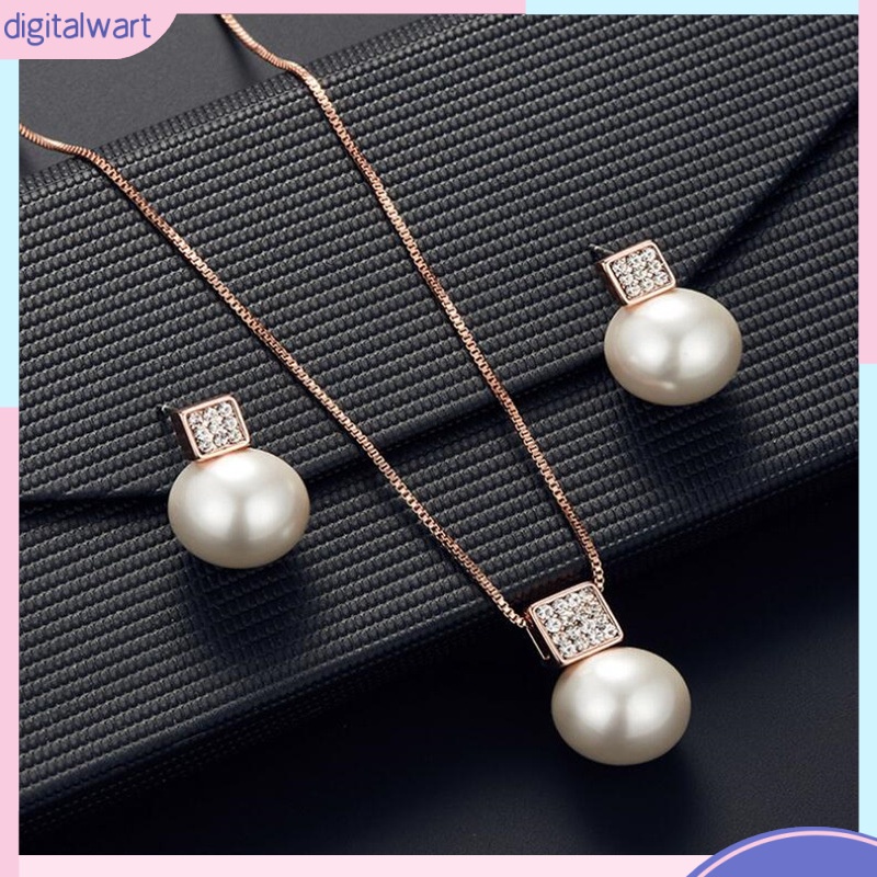 Bộ Vòng cổ + Bông Tai Đính Kim Cương &amp; Ngọc Trai Hình Vuông Cho Nữ