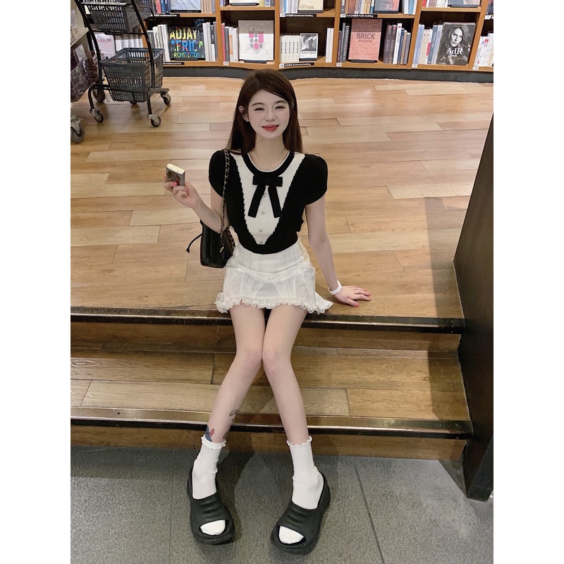 Áo Thun Ngắn Tay Dáng Ôm Phối Nơ Tương Phản Thời Trang Mùa Hè Mới Dành