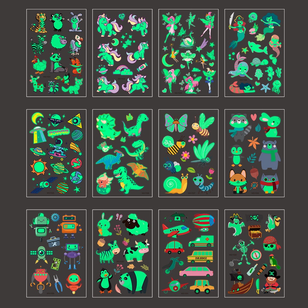 Set 12 Hình Xăm Dán Tạm Thời Phát Sáng Trong Tối Cho Trẻ Em