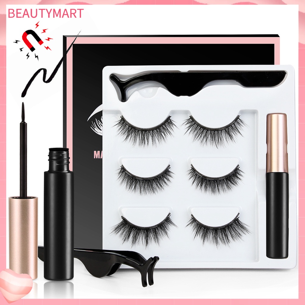 Bộ 3 / 5 Cặp Lông Mi Giả 3D Kèm Nhíp Và Bút Kẻ Mắt Dạng Lỏng