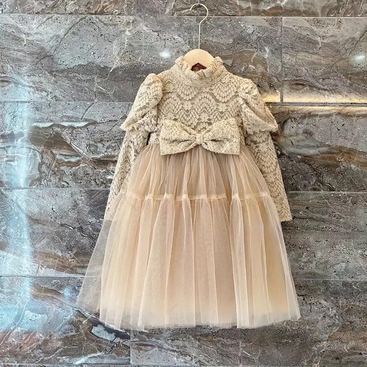 Đầm Dệt Kim Tay Dài Đính Nơ Thời Trang Thu Đông Cho Bé Gái 3-8 Tuổi