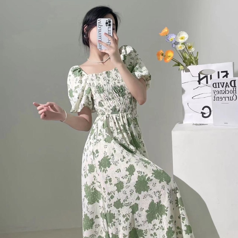 COZOK Đầm Hoa Ngắn Tay Dáng Ôm Thời Trang vintage Cá Tính Cho Nữ