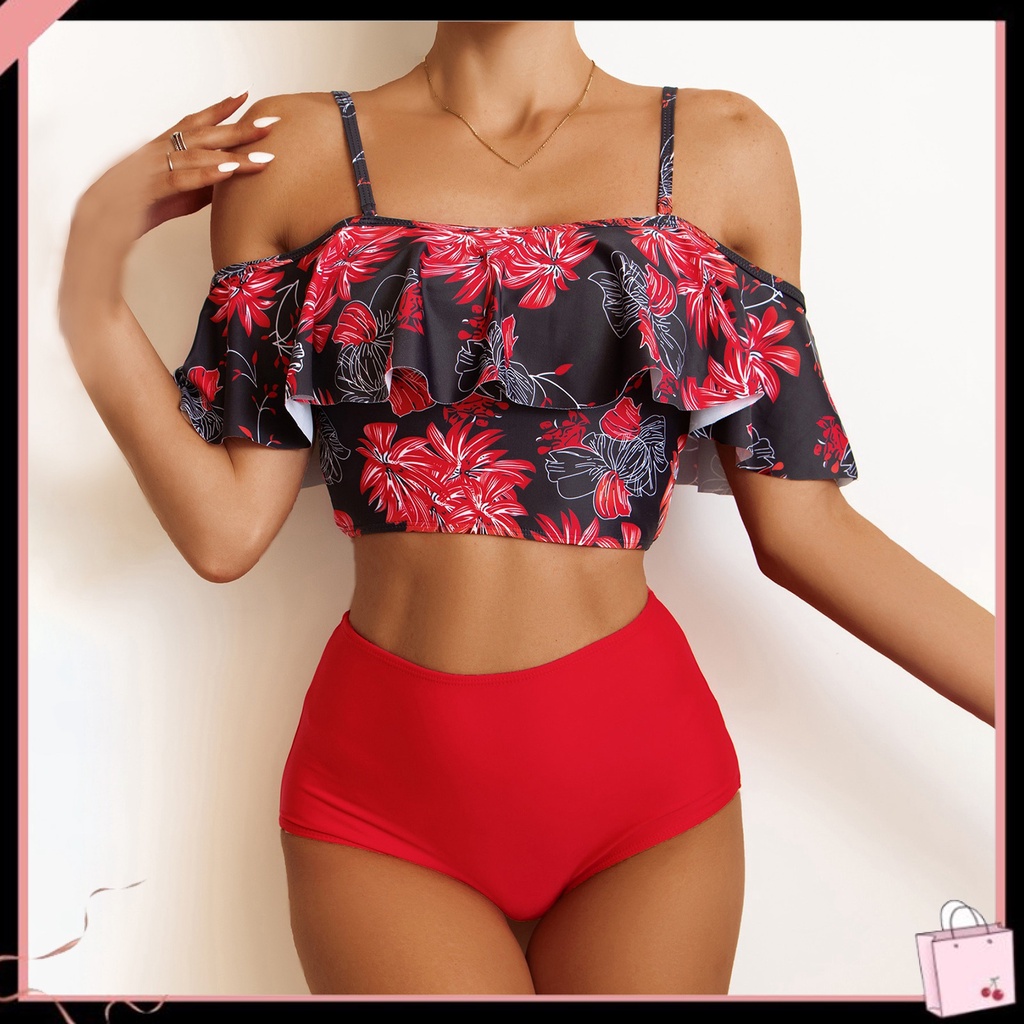 {Soltweter} Bộ Đồ Bơi Trễ Vai Nhún Bèo In Họa Tiết Hoa Đi Biển Cho Nữ