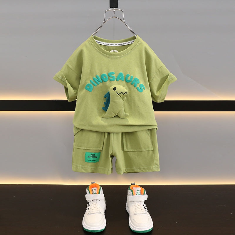Bộ Áo Thun Cotton Tay Ngắn In Hình Khủng Long + Quần Short Thời Trang Mùa Hè 2023 Mới Cho Bé Trai