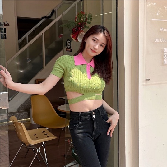 Nzn Áo Thun polo Dệt Kim Tay Ngắn Dáng Ôm Màu Tương Phản vintage Hàn Quốc Cho Nữ