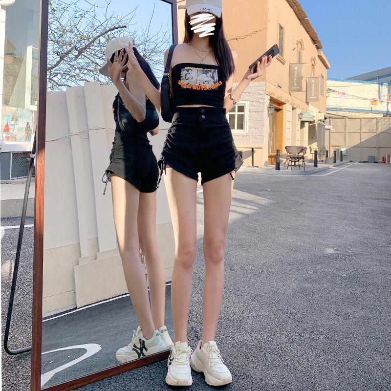 Quần Short Denim Màu Đen Lưng Cao Dáng Chữ a Phối Dây Rút Thời Trang Đường Phố Mỹ Cho Nữ