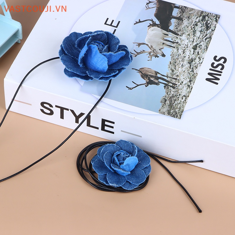 1 Vòng Cổ Choker Jean Nhiều Lớp Mặt Hoa Màu Xanh Dương Thời Trang Cho Nữ
