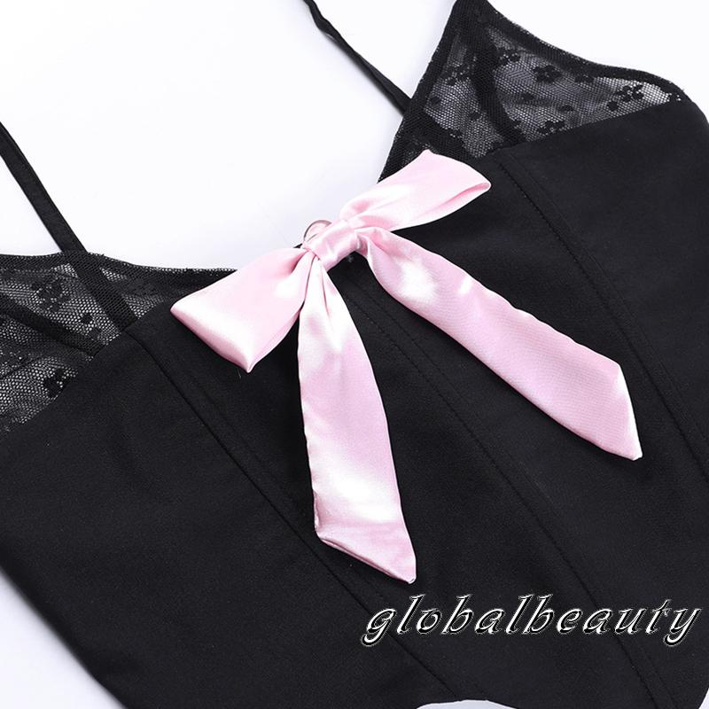 Áo Croptop Lưới Hai Dây In Họa Tiết Hoa Tương Phản Thắt Nơ Cho Nữ