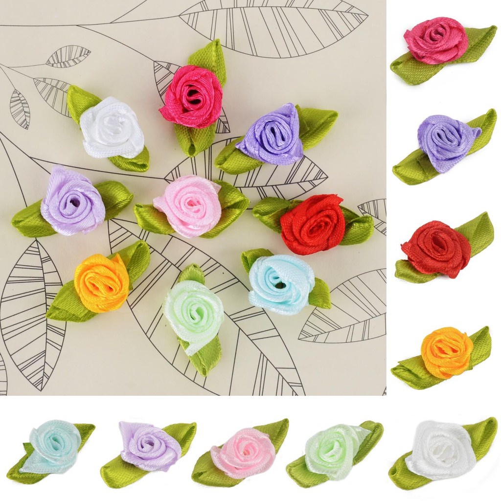 100 Ribbon Rose DIY Wedding Flower Satin Decor Bow Appliques Craft Sewing Leaves DIY Trim Garment Sewing Accessories LY