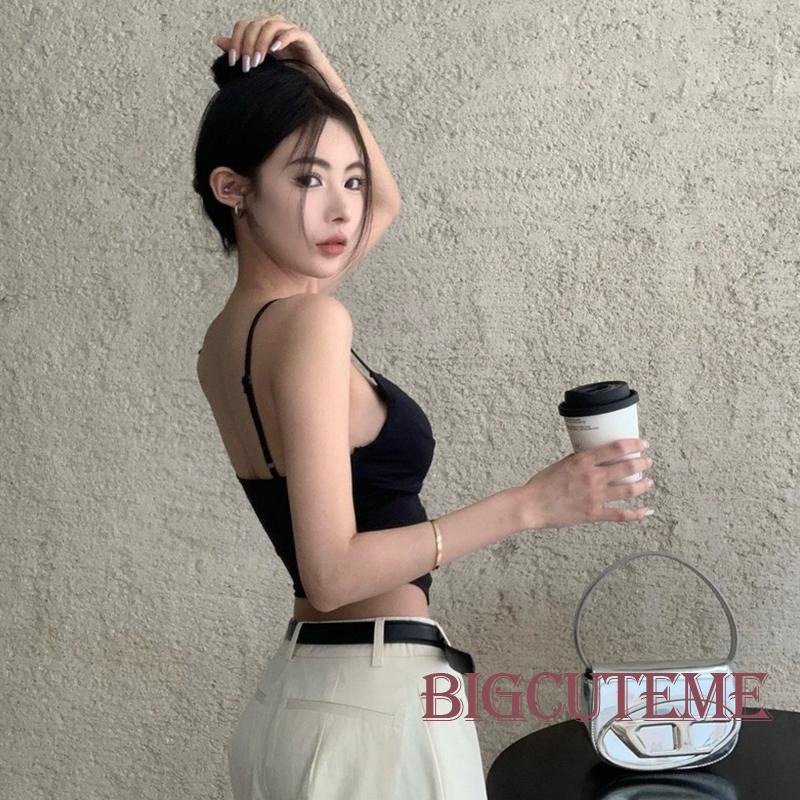 [] - Áo Croptop Không Tay Hở Lưng Có Mút Đệm Cổ Xương Cá Màu Trơn Mùa Hè Đường Phố Cho Nữ