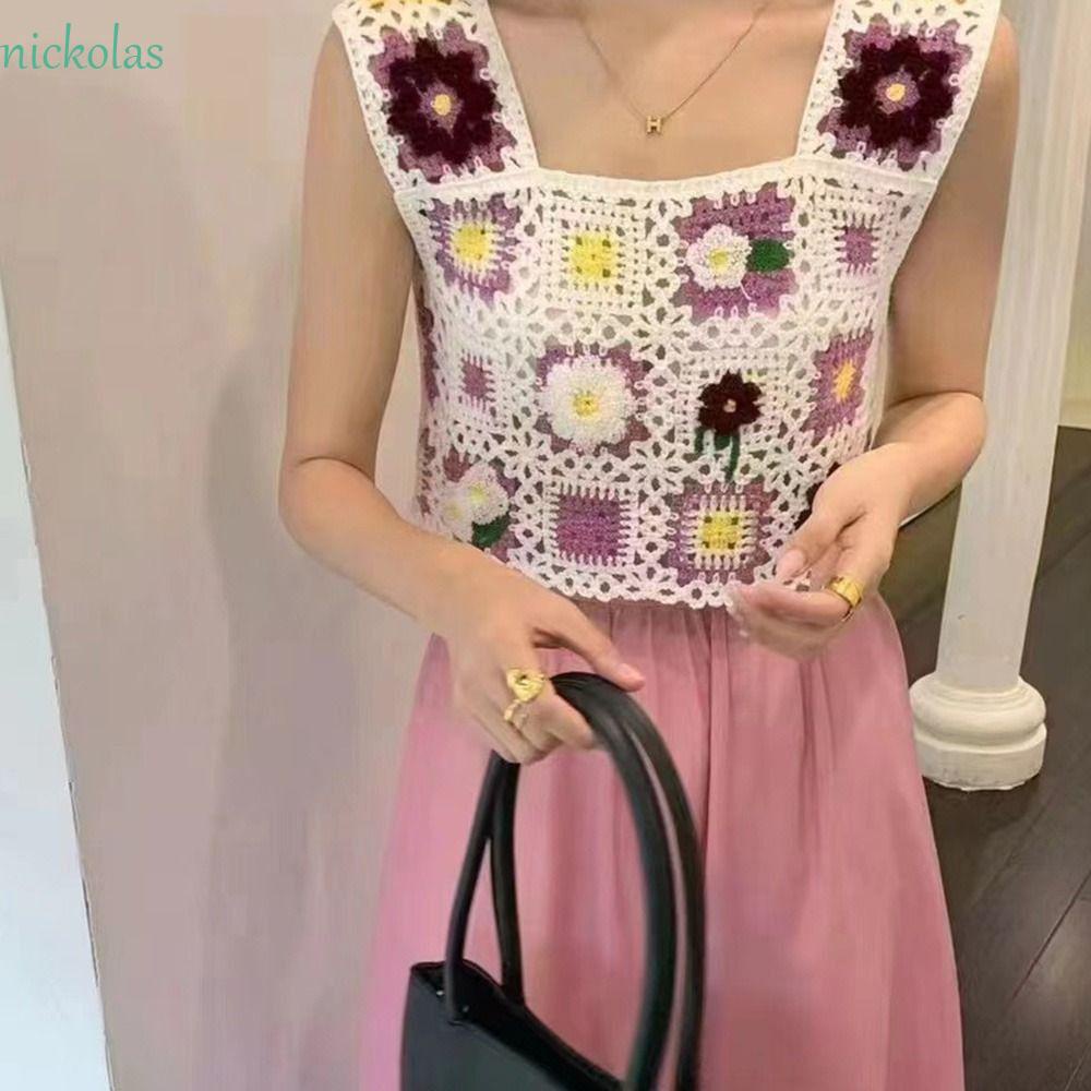 NICKOLAS Áo Croptop Đan Móc Thêu Họa Tiết Phong Cách Bohemian Cổ Điển Thời Trang Đi Biển Cho Nữ