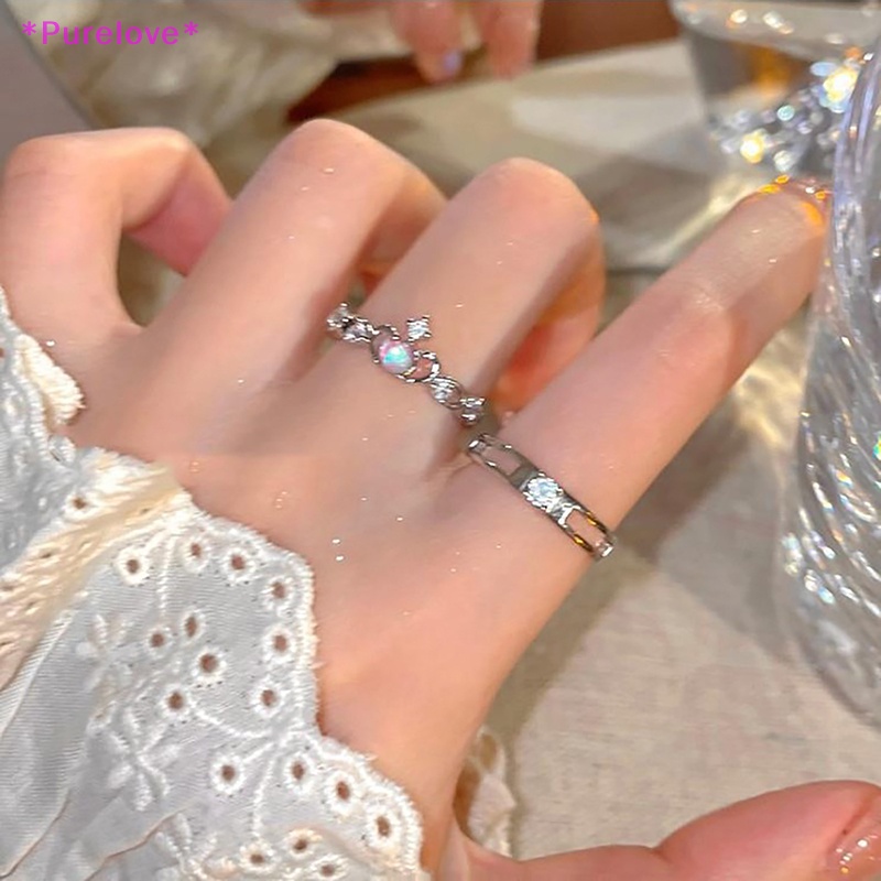 Nhẫn Hở Đính Đá Zircon Mặt Trăng Màu Bạc Lãng Mạn Có Thể Điều Chỉnh Cho Cặp Đôi Mới