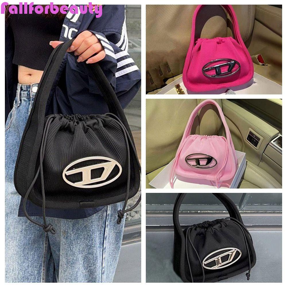 Túi Đeo Vai Vải Canvas Y2K In Chữ D Phối Dây Rút Kim Loại Thời Trang Cho Nữ