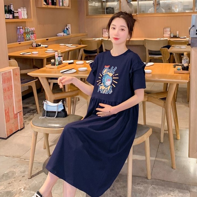 Planet Đầm Thun Midi Tay Ngắn Phong Cách Hàn Quốc Thời Trang Mùa Hè Xinh Xắn Cho Mẹ Bầu