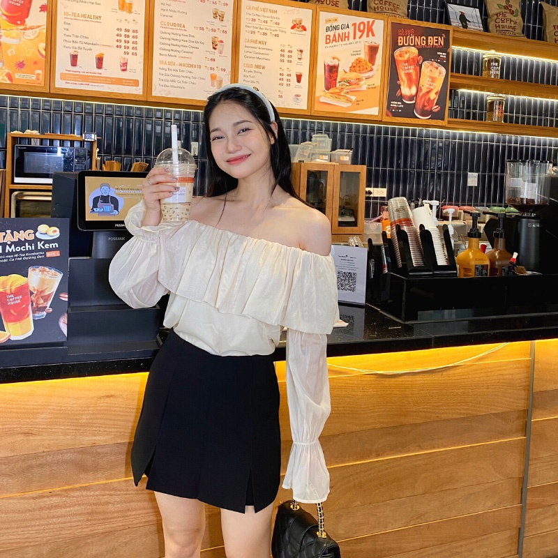 Áo Trễ Vai bèo Tay dài Bồng bo chun dáng Babydoll tiểu thư chất voan tơ 2 lớp thấm hút mồ hôi màu be hồng phấn ASM17