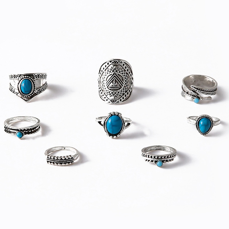 Set 8 Nhẫn Bạc Chạm Khắc Đính Đá Opal Màu Sắc Cổ Điển Phong Cách Bohemian Dành Cho Nam Và Nữ