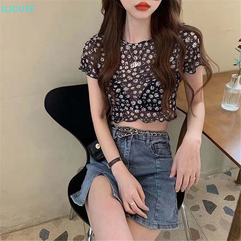 Mfc Áo Thun Tay Ngắn Mỏng Trong Suốt In Họa Tiết Hoa Cúc Thời Trang Mùa Hè Cho Nữ