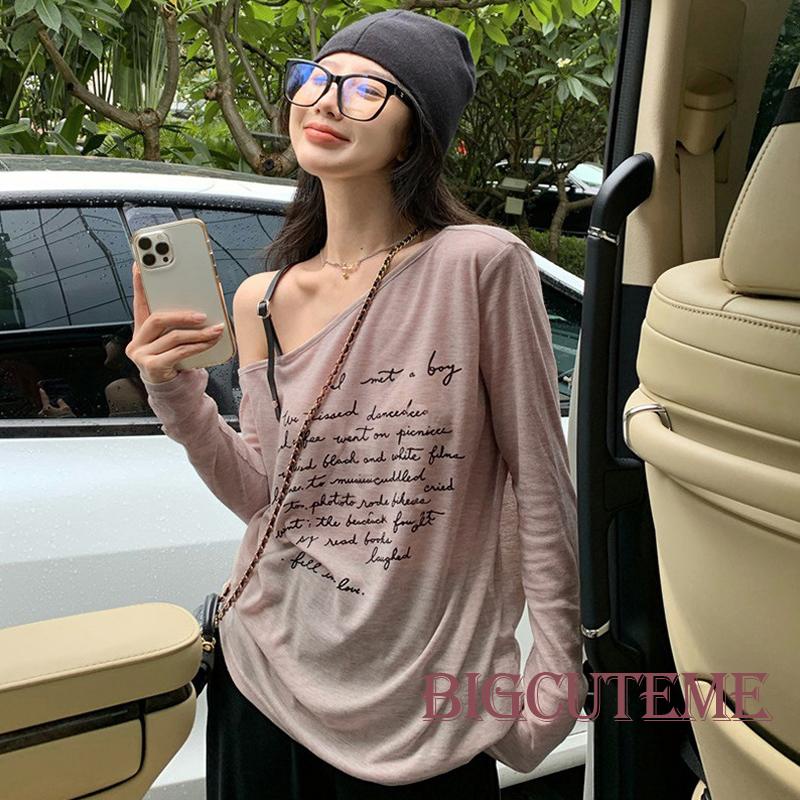 Áo Thun Nữ Tay Dài Dáng Rộng In Chữ Phong Cách Đường Phố Cá Tính