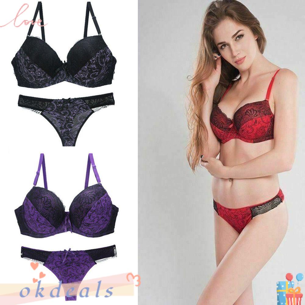 OKDEALS Bộ Đồ Lót Ren Cổ Chữ V Khoét Sâu Màu Trơn Quyến Rũ Hợp Thời Trang