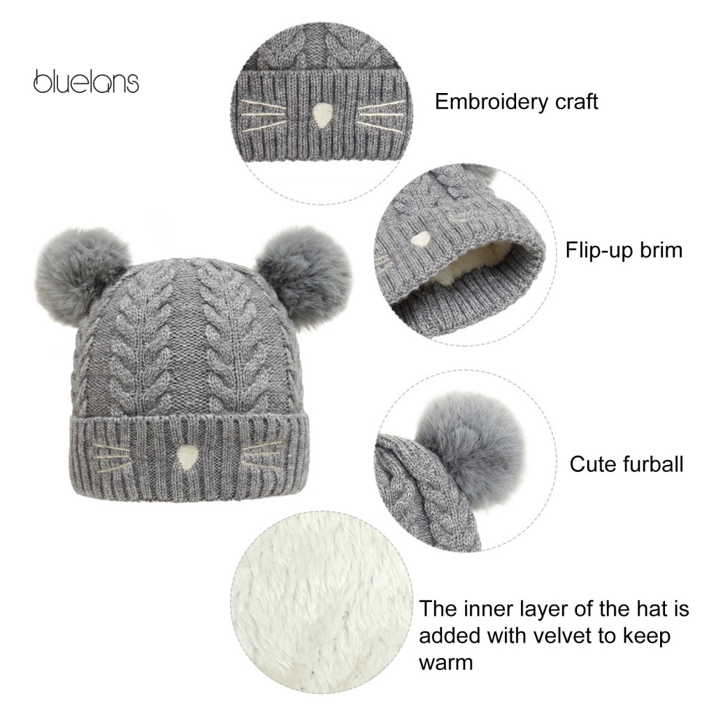 Mũ Beanie Đính Hai Quả Bông Dày Dặn Họa Tiết Hoạt Hình Dễ Thương Cho Bé Gái