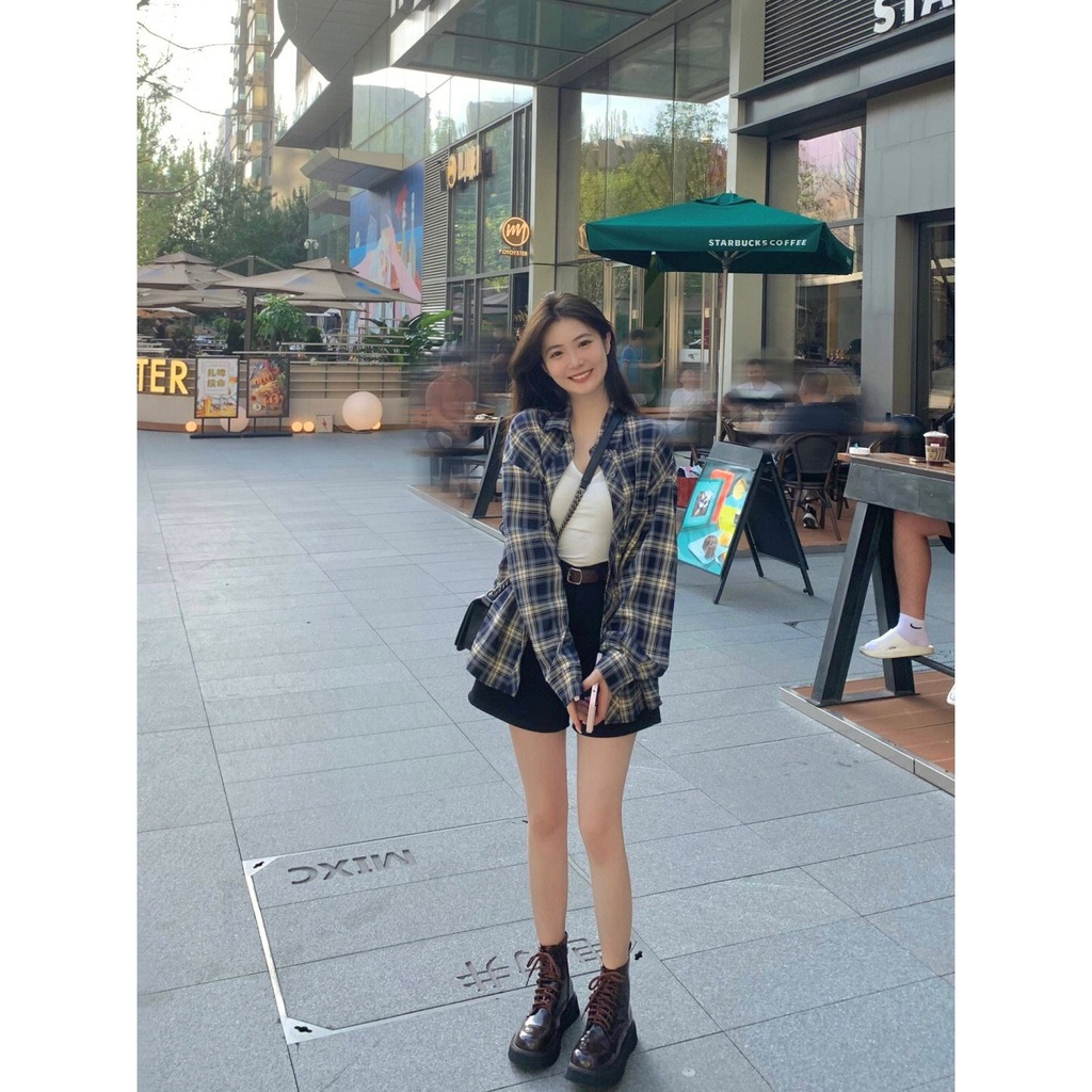 Áo Sơ Mi Caro Tay Dài Dáng Rộng Phong Cách Retro Dành Cho Nữ