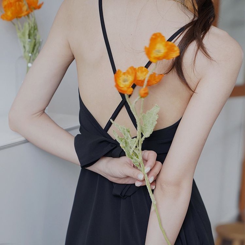 Đầm Đen Cổ Chữ v Hở Lưng Phong Cách retro Thời Trang Cho Nữ