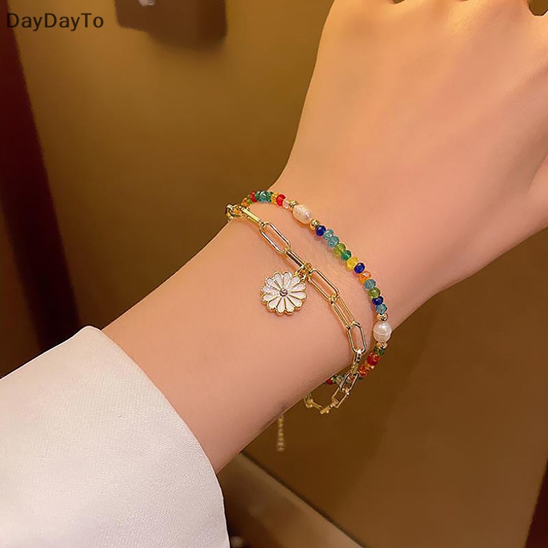 Vòng Tay Chuỗi Hạt Hai Màu Mặt Hình Hoa Cúc Thời Trang Mùa Hè Cho Nữ