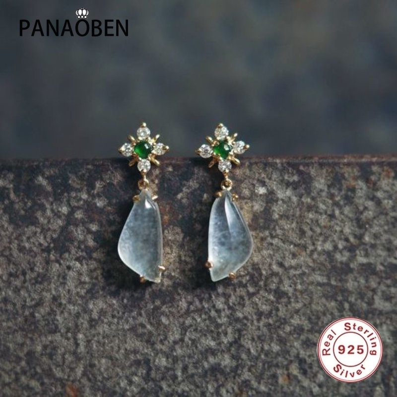 ♥ Bông Tai Mạ Bạc 925 Hình Giọt Nước Đính Đá Tự Nhiên Thanh Lịch Cho Nữ