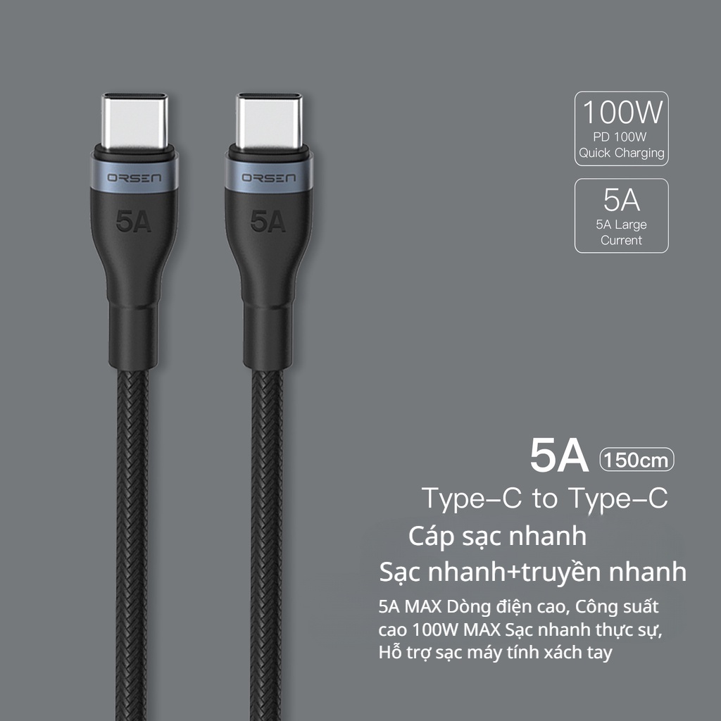 Dây Cáp Sạc Orsen S6 PD 100W USB Loại C Dài 1.5m QC4.0 USB Loại C 100% Cho Laptop Samsung Galaxy S22