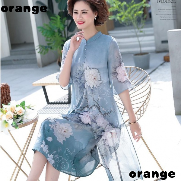 Đầm Chiffon Dài Qua Gối In Họa Tiết Thời Trang Cho Phụ Nữ Trung Niên