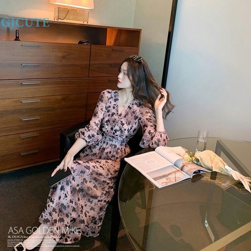 Đầm Dáng Chữ A Cổ V Tay Phồng In Hoa Thời Trang Cho Bạn Gái