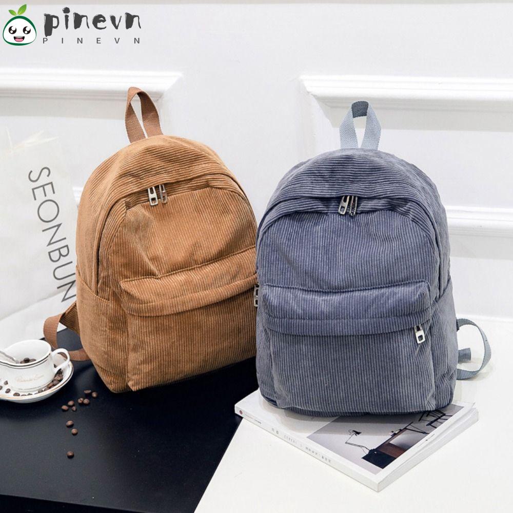 PINEVN Ba Lô Đi Học / Du Lịch Cỡ Lớn Bằng Vải Nhung Kẻ Sọc Dacron Trọng Lượng Nhẹ Thời Trang