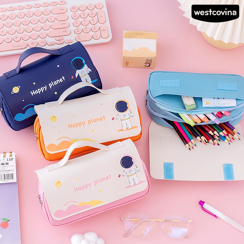 [WSTN] [WSTN]✎Túi Đựng Bút 2 Ngăn Đa Năng Bằng Vải Canvas In Hình Phi Hành Gia Xinh Xắn