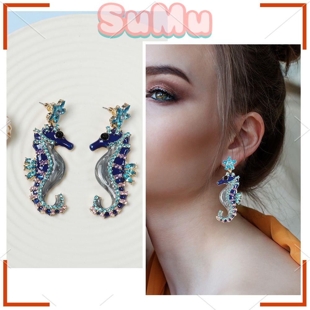 SUMU Bông Tai Hình Cá Ngựa Đính Đá Thời Trang