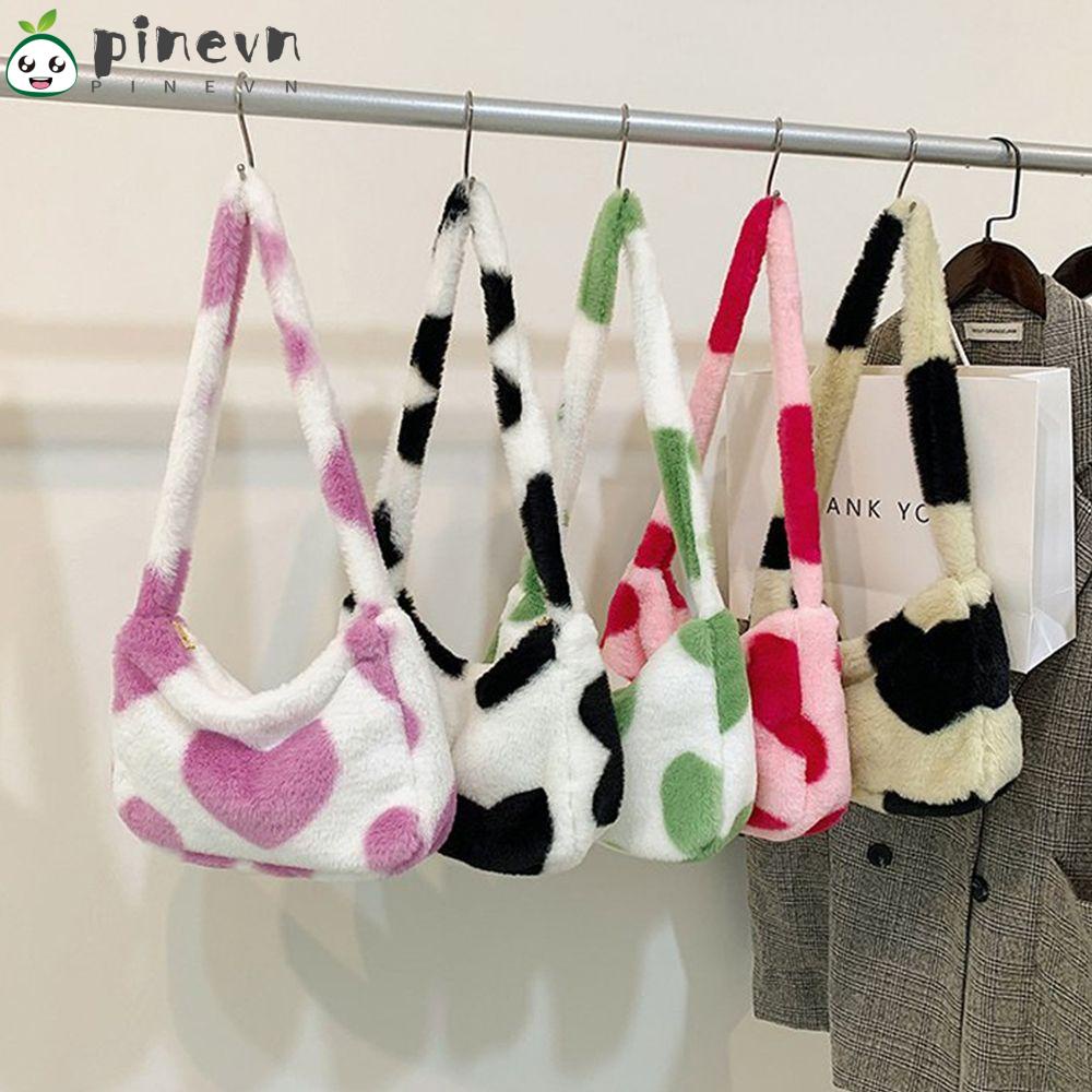 PINEVN Túi Tote Đeo Vai Phối Lông Họa Tiết Trái Tim Xinh Xắn Thời Trang