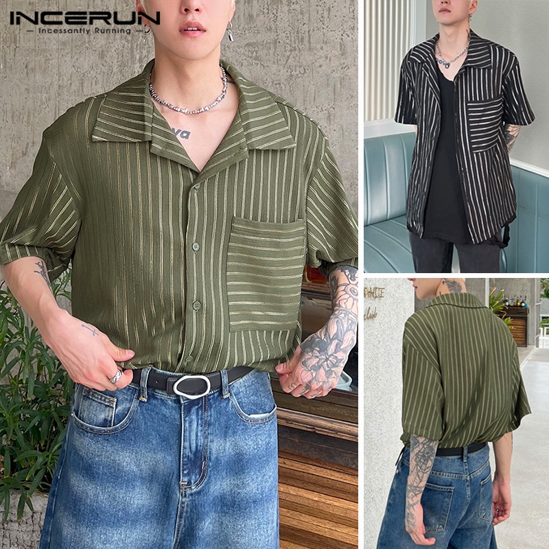 INCERUN Áo Sơ Mi Tay Ngắn Cổ Bẻ Họa Tiết Kẻ Sọc Phong Cách Hàn Quốc Cho Nam