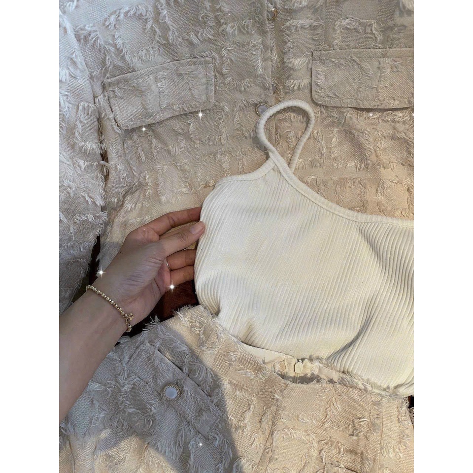 Set croptop dạ long vũ kèm áo croptop trong + short kem