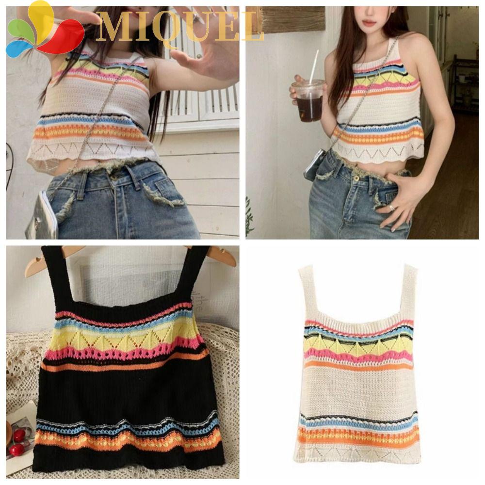 MIQUEL Áo Hai Dây Dệt Kim Polyester Dáng Ôm Họa Tiết Kẻ Sọc Linh Hoạt Phong Cách Bohemian Hàn Quốc Thích Hợp Đi Biển