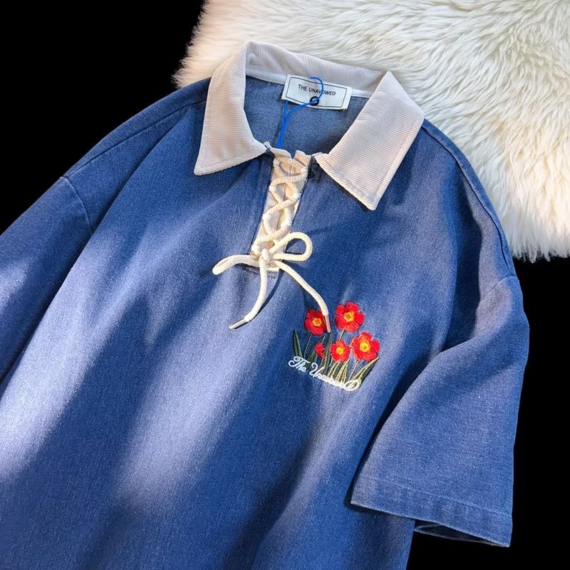 Áo Thun Polo Denim Ngắn Tay Thêu Hoa Thời Trang Dành Cho Nữ