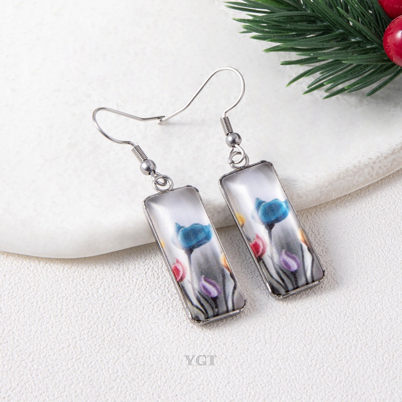 Ygt Khuyên Tai Móc Mặt Kính Cabochon Hình Chữ Nhật Bằng Thép Không Gỉ Hình Hoa Tulips