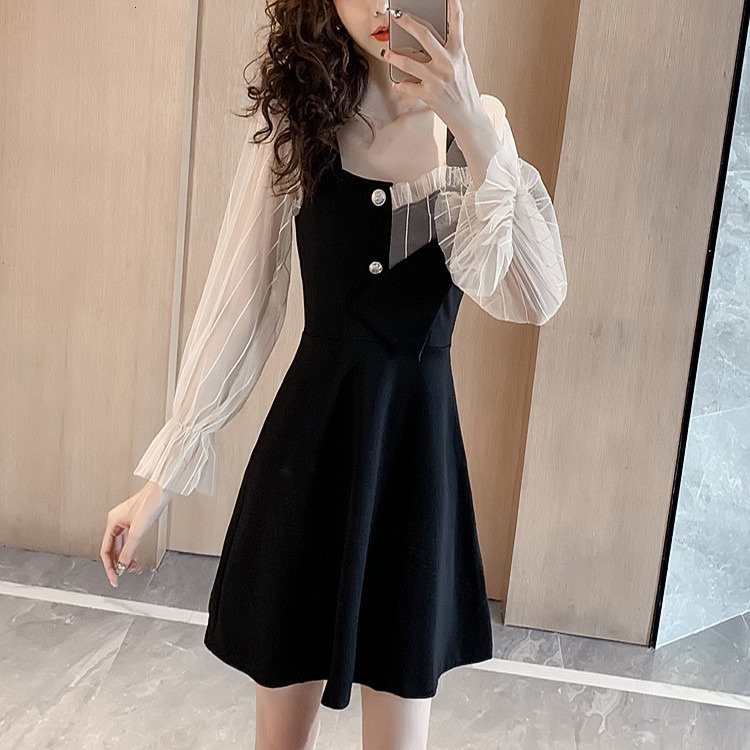 Đầm Dáng Chữ a Cổ Vuông Màu Đen Phong Cách Phương Tây Thời Trang Mùa Xuân Cho Nữ